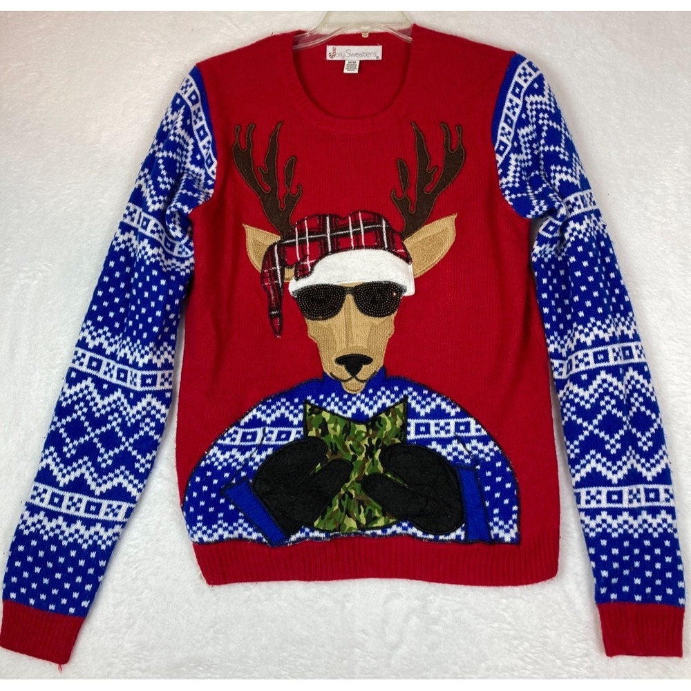 Jolly Sweaters Reindeer Sunglasses Christmas Ugly Sweater Red Blue Mens Medium